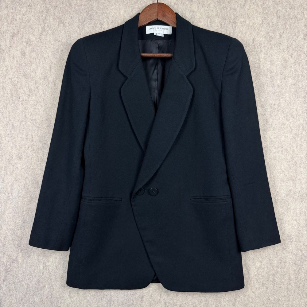 Jones New York VTG Blazer Women 4P Black Pure Wool Asymmetric Double Button USA